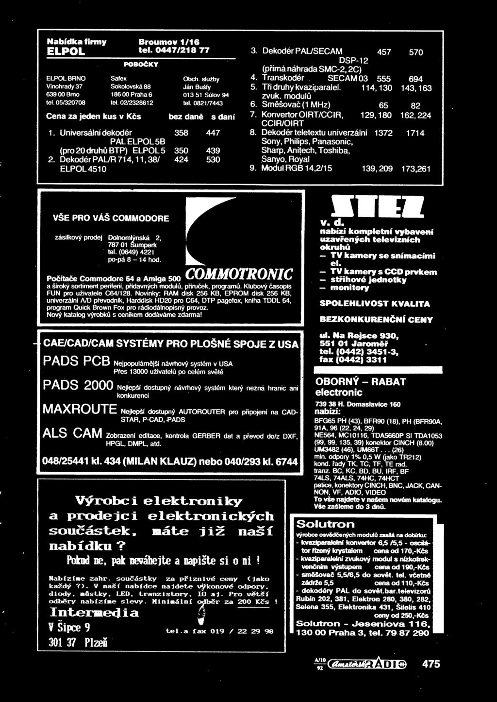 0821/7443 6. Smšova (1 MHz) 65 82 Cena za jeden kus v Ks bez dan s daní 7. Konvertor OIRT/CCIR, 129,180 162,224 CCIR/OIRT 1. Universální dekodér 358 447 8.