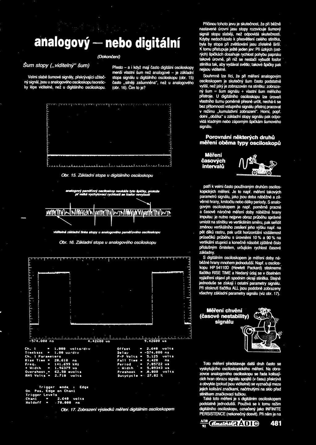 15) ný signál, jsou u analogového osciloskopu teoretic- asto silnji zašumnéna, než u analogového ky lépe viditelné, než u digitálního osciloskopu, (obr. 16). ím to je?