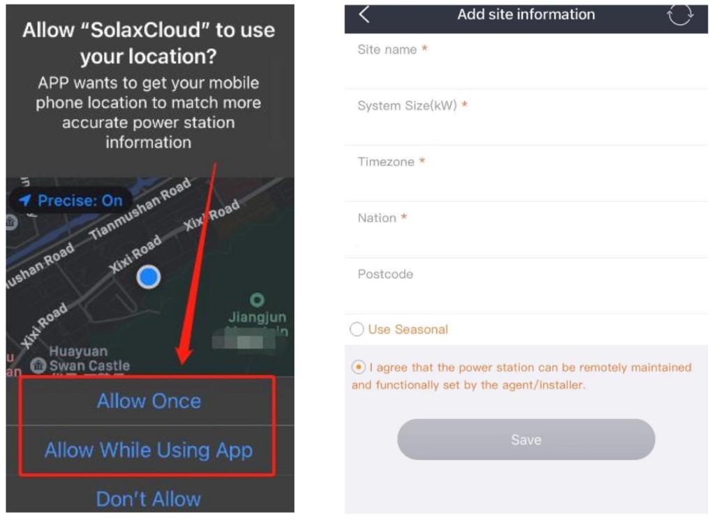 Krok 4: povolte aplikaci SolaX Cloud přístup k vaší poloze (allow). Informace o poloze je nezbytná pro zajištění správného přenosu dat o zařízení i prostředí.