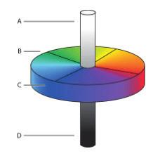 Obr. 4-18 L*a*b model (A luminance = 100, B zelená červená, C modrá žlutá, D Luminance = 0) [14] 4.7.