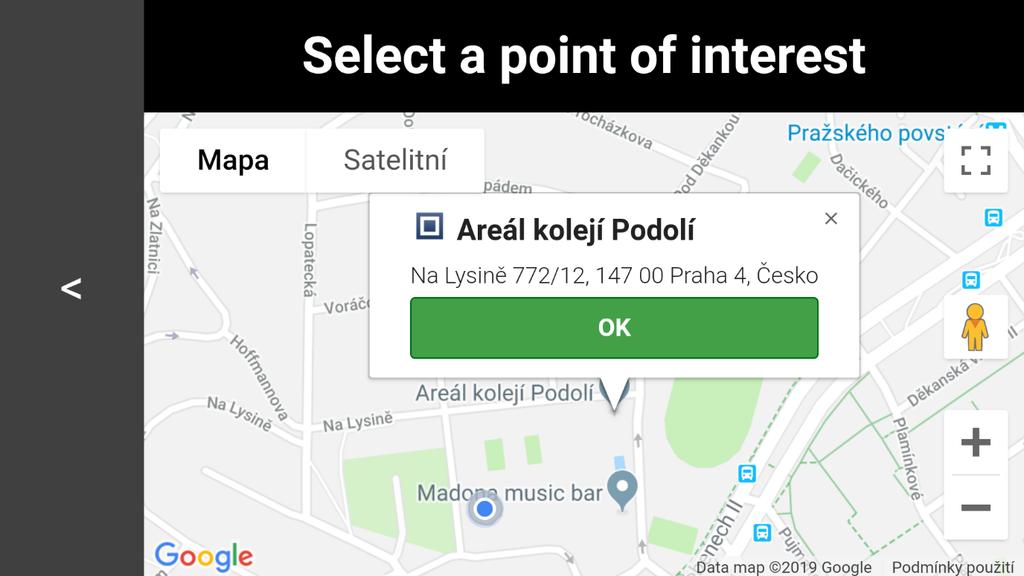 ... 3.4. Objevené problémy centrována na pozici uživatele, uživatel je zobrazen jako modrá tečka pomocí knihovny geolocation-marker.