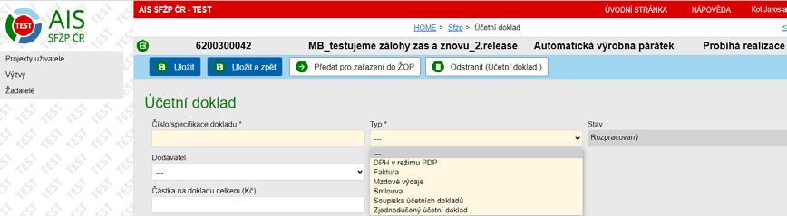 Je třeba doložit doklady vztahující se k projektu (v části Účetní doklady), identifikovat, kterých částí rozpočtu se částky vyčíslené na dokladech týkají (v části Položky účetních dokladů) a došlo-li