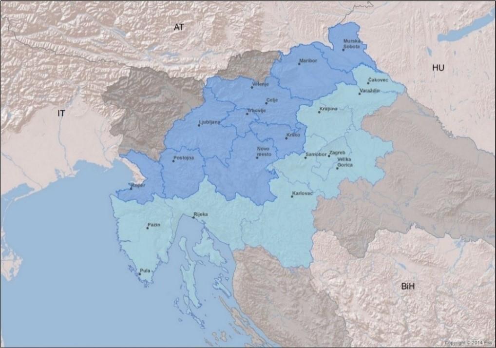 Poznámka: Oblast přeshraničního působení příslušného nástroje evropské integrace zahrnuje devět rakouských a šest slovinských NUTS III regionů. Příloha č.