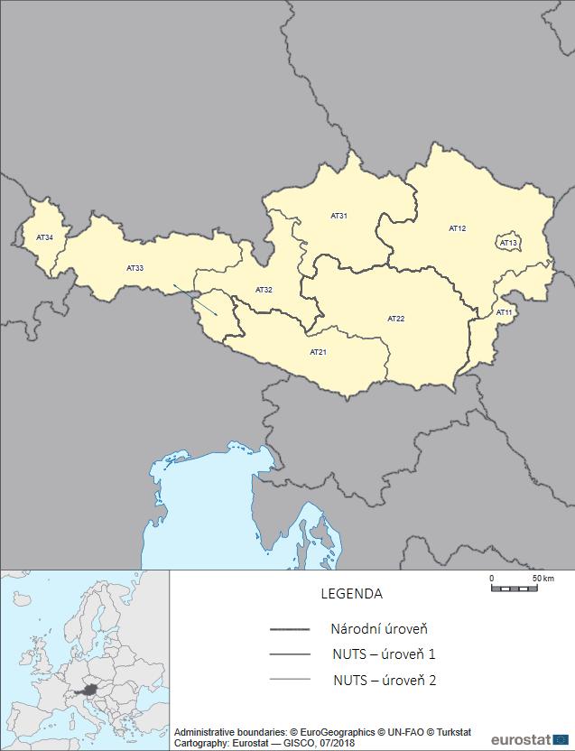 Zdroj: Statistical Atlas, NUTS in Austria Nomenclature of territorial units for statistics, přístupné 5. 1. 2020, https://ec.europa.