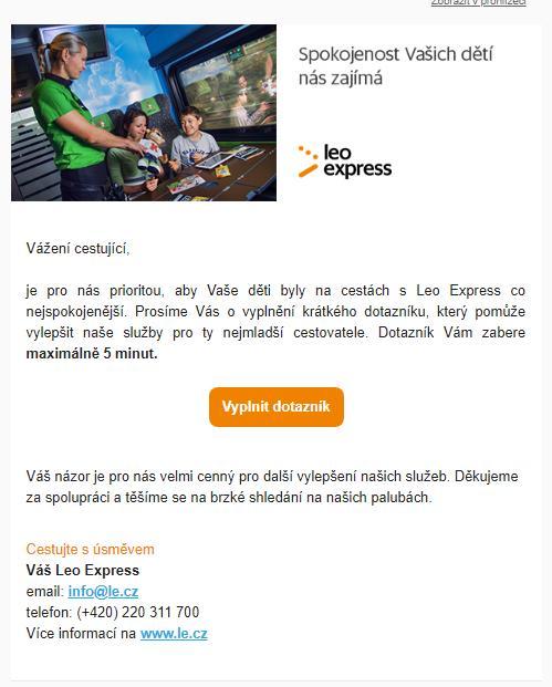odeslání dotazníků byly tedy vybrány dny 6. 3. 2018 a 14. 3. 2018, kdy pro první datum byly vygenerovány e-maily rodičů, kteří s Leo Express cestovali ve dnech 27. 2. 2018. 5. 3. 2018, pro druhý termín byly vygenerovány emaily rodičů, kteří vlaky využili v termínu 6.