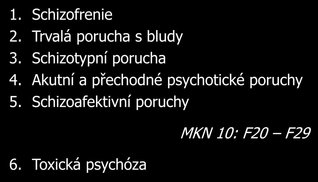 Diagnostické spektrum 1. Schizofrenie 2. Trvalá porucha s bludy 3. Schizotypní porucha 4.