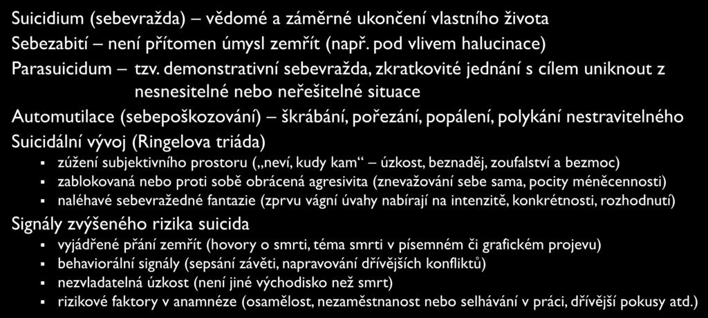SUICIDÁLNÍ KRIZE Suicidium (sebevražda) vědomé a záměrné ukončení vlastního života Sebezabití není přítomen úmysl zemřít (např. pod vlivem halucinace) Parasuicidum tzv.