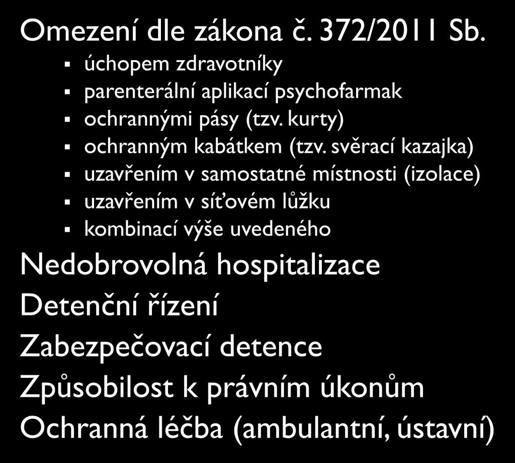 svěrací kazajka) uzavřením v samostatné místnosti (izolace) uzavřením v síťovém lůžku kombinací výše