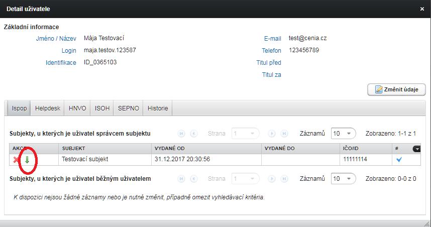 Výsledek změny Správce subjektu na Běžného uživatele: 7.8.2.4.