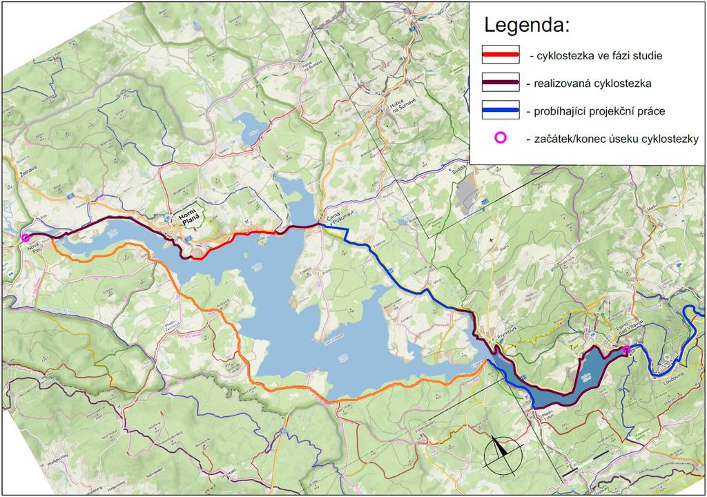 1. úsek: Trasa A: Nová Pec Lipno n/vlt. (hráz) Černá v Pošumaví Frymburk Lipno nad Vltavou (hráz) Délka 36,3 km Předpokládané náklady 92,5 mil.