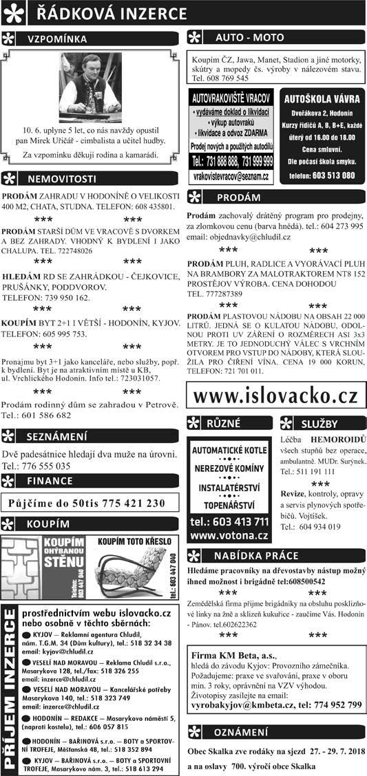 5/ 5. 6. 2018 / NOVÉ SLOVÁCKO / INZERCE KULTURNÍ A INFORMAČNÍ SERVIS AKCE ČEJKOVICE - 9.6. Víkend otevřených zahrad v Sonnentoru HRUBÁ VRBKA - 9.6. Oslavy 130 let od založení SDH Hrubá Vrbka BLATNICE POD SVATÝM ANTONÍNKEM - 9.
