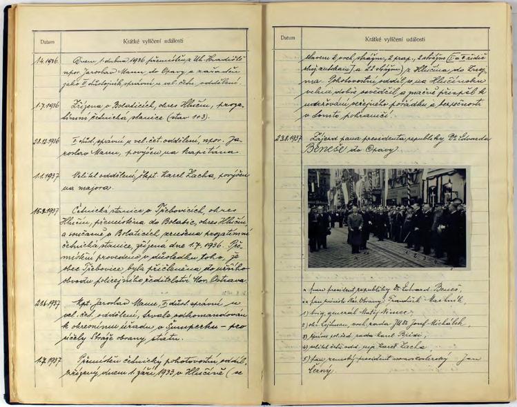 Záznam o návštěvě prezidenta Beneše v Opavě 23.8.1937 v památníku četnického oddělení v Opavě. ZAO, Četnické oddělení Opava, inv. č. 1. Repro V.