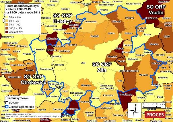 Obrázek 1.4: Intenzita bytové výstavby ve Zlíně a okolí v letech 2009-2019 Zdroj: ČSÚ, MVČR, statutární město Zlín, zpracování PROCES, 2020.