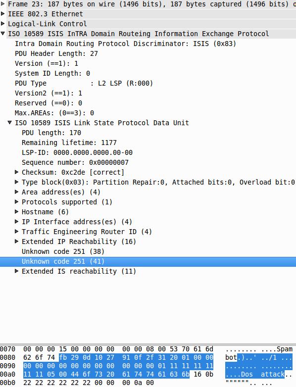 54 Obrázek 19 zobrazuje LSP generované ISISD0 zachycené ve Wiresharku. Wireshark nerozeznává GENINFO TLV, z tohoto důvodu poskytuje výpis pouze po jednotlivých bajtech.
