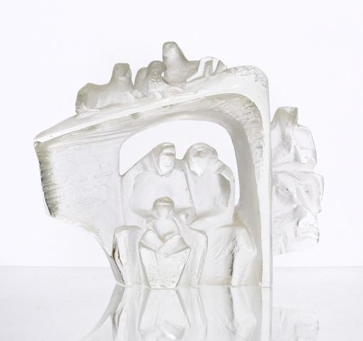 013 Jan Gabrhel 1930-2017 1974, sklo čiré se zatavenými oranžovými broky, v. 25,5 cm, model č. 12875/H-0026, Český křišťál, sklárna Chlum u Třeboně Glass Review 29/1974, č. 2, str. 18, obr.