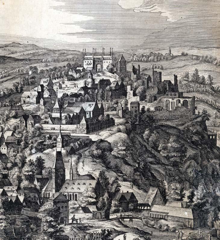 Historie Philippus van den Bossche: Sadelerův prospekt (1606). Ze sbírky Muzea hl. m. Prahy. Pohled na Vyšehrad od severozápadu ze začátku 17.