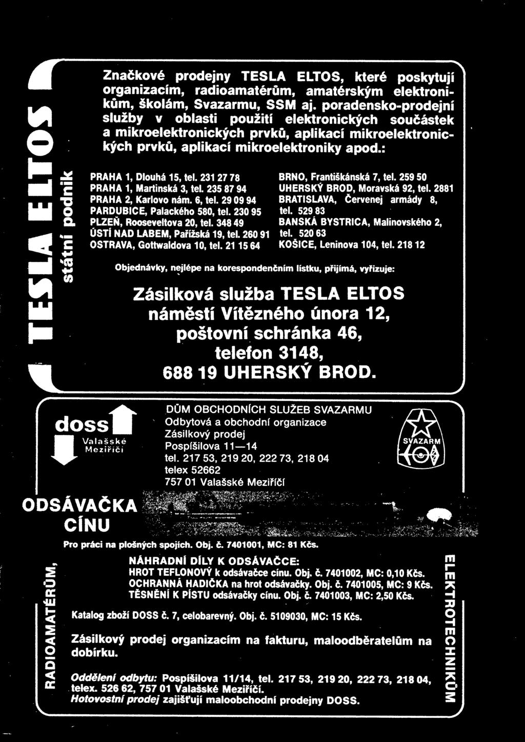 231 27 78 PRAHA 1, Martinská 3, tel. 235 87 94 PRAHA 2, Karlovo nám. 6, tel. 29 09 94 PARDUBICE, Palackého 580, tel. 230 95 PLZE, Rooseveltova 20, tel. 348 49 ÚSTÍ NAD LABEM, Paížská 19, tel.