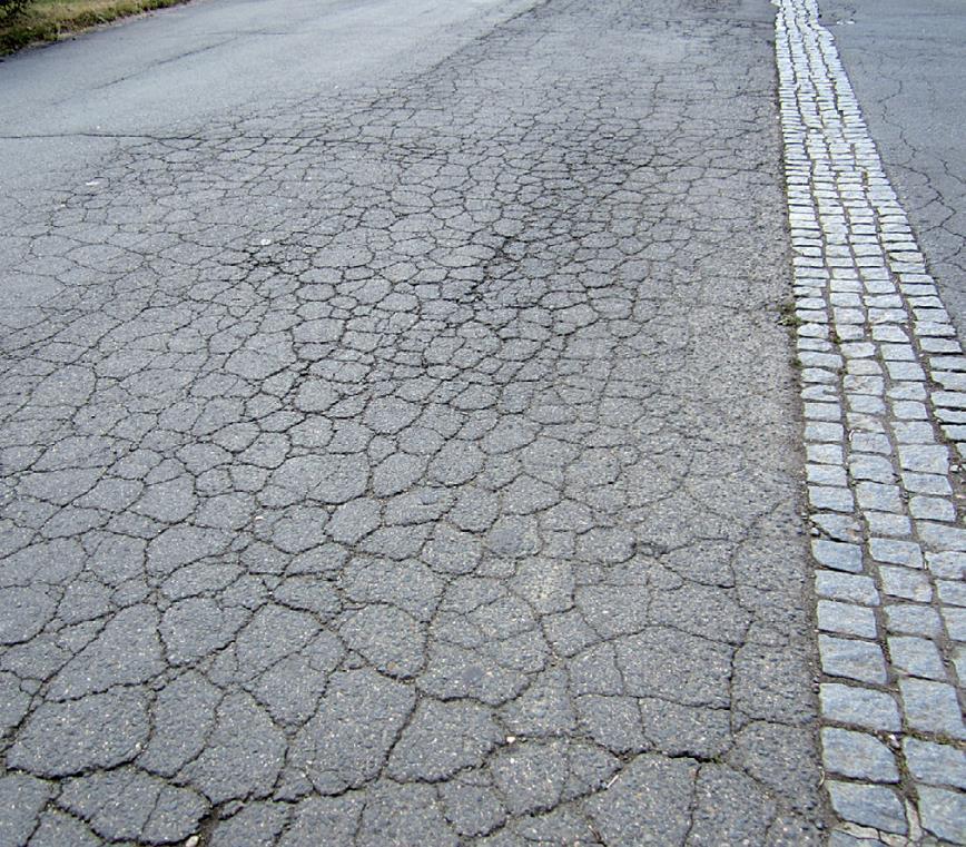 Trhliny Síťové trhliny Mají nepravidelnou plošnou strukturu a vzhled krokodýlí kůže (Alligator Cracking) a zasahují všechny asfaltové vrstvy.