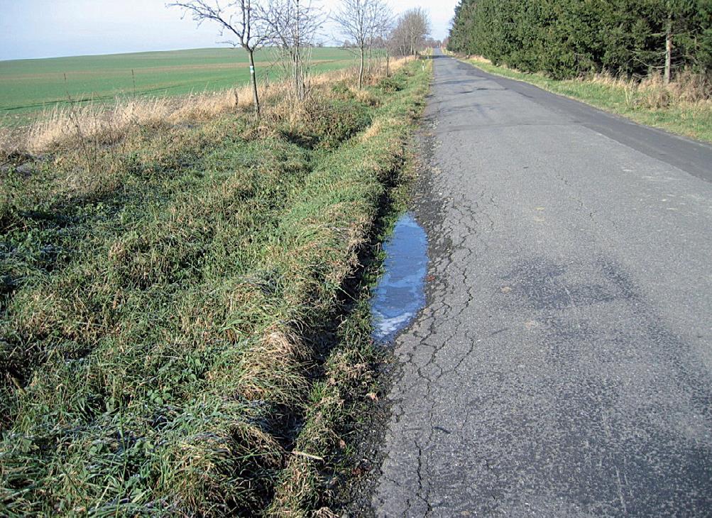 Deformace Zvýšená nezpevněná krajnice Hromaděním nečistot a prorůstáním vegetací je neudržovaná nezpevněná krajnice zvýšena nad úroveň povrchu vozovky.