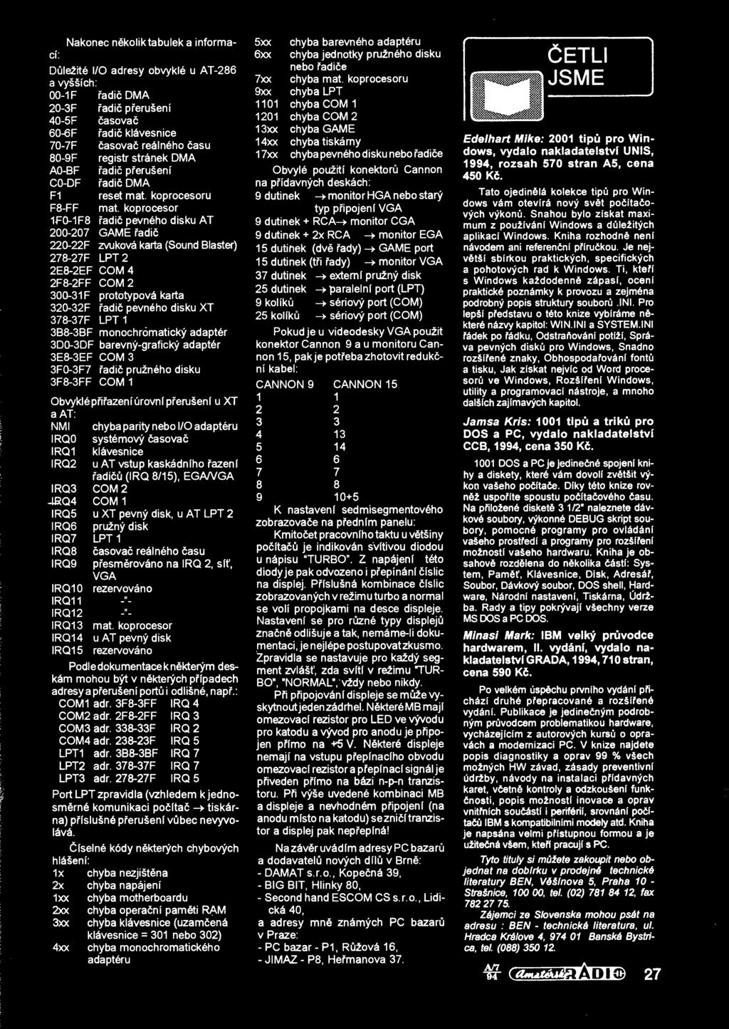 koprocesor 1F0-1F8 fadic pevncho disku AT 200-207 GAME radic 220-22F zvukova karta (Sound Blaster) 278-27F LPT2 2E8-2EF COM4 2F8-2FF COM2 300-31F prototypova karta 320-32F radic pevneho disku XT