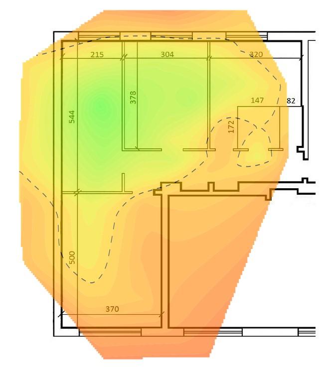 15: Výsledná mapa pokrytí signálem Aplikace Wi-Fi Coverage Mapper generuje mapu pokrytí signálem pouze uvnitř měřených bodů.