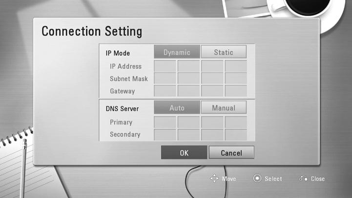 Systémové nastavení 13 Nastavení pevného připojení Pokud je DHCP server v lokální síti (LAN) připojen pomocí pevného připojení, přehrávač automaticky rozpozná IP adresu.