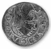 Kníže Adam Václav na stříbrném tříkrejcaru raženém v těšínské mincovně v r. 1606, průměr 21,5 mm, váha 1,75 g, Muzeum Těšínska 2 Filipa III.