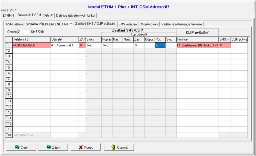 SATEL INT-GSM 17 Bloky přiřazení bloků, dané číslo bude notifikováno o událostech v těchto blocích.