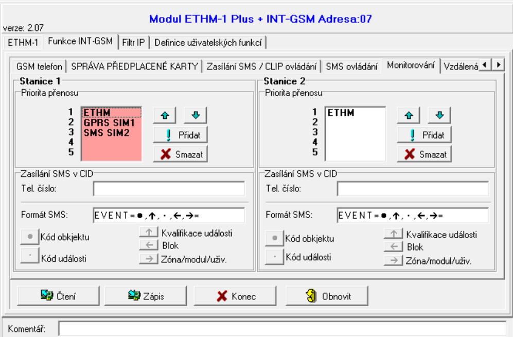 20 INT-GSM SATEL Stanice 1 / Stanice 2 Priorita přenosu Pokud selže odeslání kódu události jednou cestou, modul může použít další. Musíte stanovit pořadí, v jakém bude modul používat různé cesty.