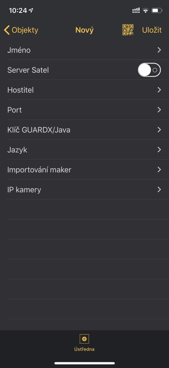 SATEL INT-GSM 39 7. Klepnutím na Uložit uložte nastavení. Obr. 26. Aplikace INTEGRA CONTROL (ios): okno New před zadáním dat. Automatická konfigurace QR kód Klepnutím na spustíte čtečku QR kódů.