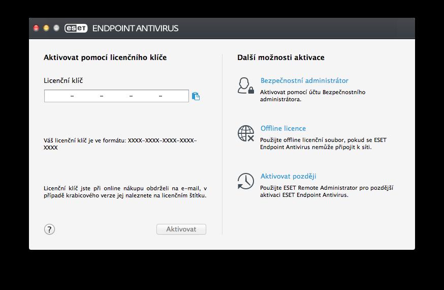 ESET Endpoint Antivirus for macos můžete aktivovat níže uvedenými způsoby: Licenční klíč unikátní řetězec znaků ve formátu XXXX-XXXX-XXXX-XXXX-XXXX, který slouží pro identifikaci vlastníka licence a