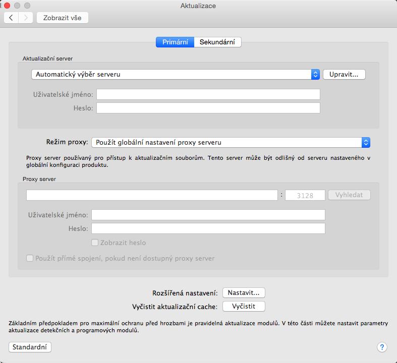 Nastavení aktualizace V sekci Aktualizace můžete konfigurovat aktualizační servery, ze kterých si klient bude stahovat detekční a programové moduly.