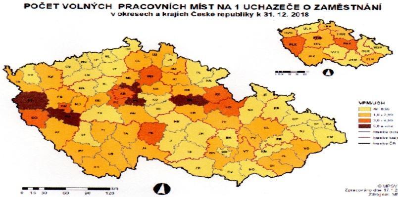 Obr. 2: Počet volných pracovních míst na 1 uchazeče o zaměstnání v okresech a krajích České republiky k 31. 12. 2018 Zdroj: MPSV (2019), zpracováno autorkou 6.