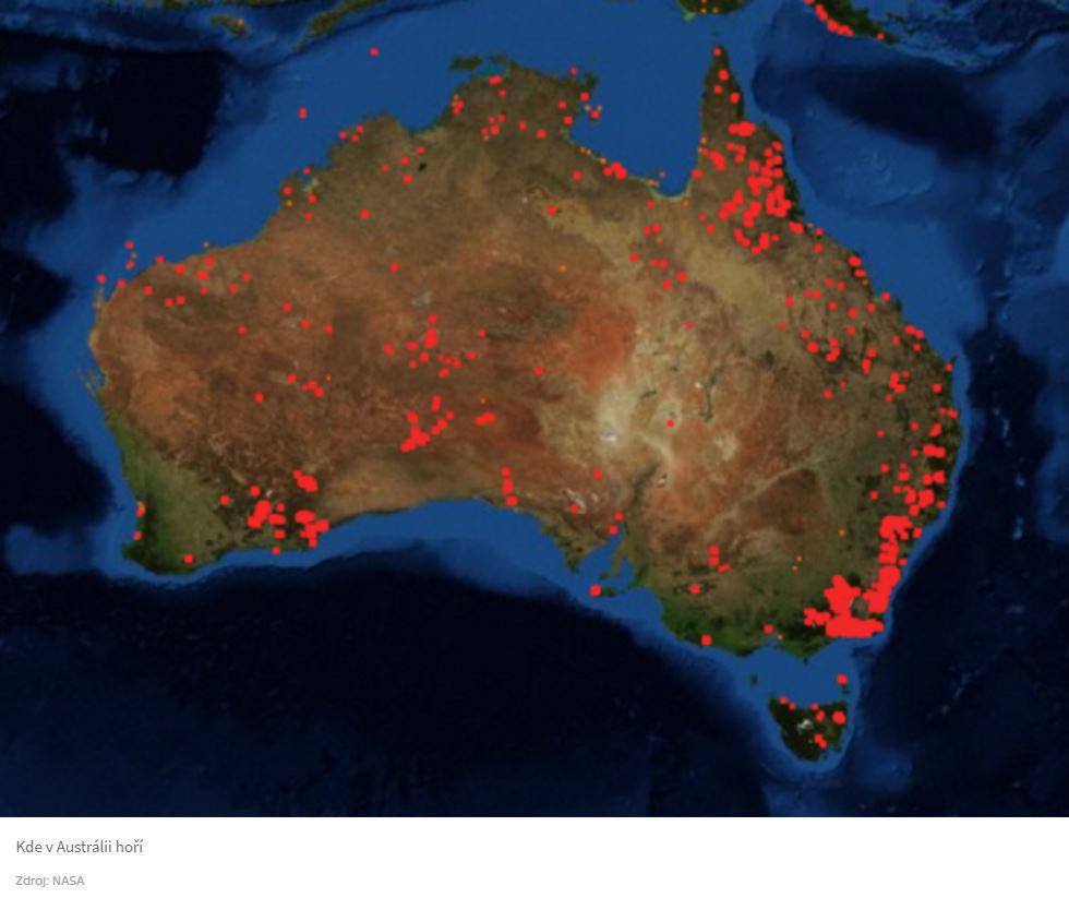 15 6 bodů Na satelitním snímku jsou zachycena ohniska požárů na australském kontinentu. Pozorně jej prostuduj a doplň text tak, aby dával co nejlepší smysl vzhledem k tématu požárů.