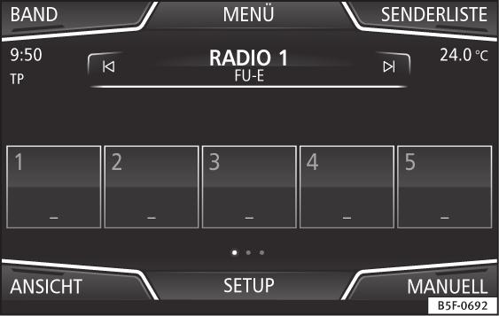 Radiotext se zobrazuje v horní polovině obrazovky místo tlačítek předvolby stanic obr. 20 A. Zobrazení radiotextu může být deaktivováno pomocí Nastavení FM strana 32.