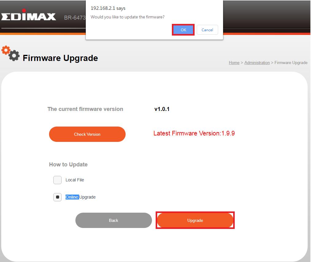 Vyberte Local File pro nahrání souboru s firmware do zařízení.