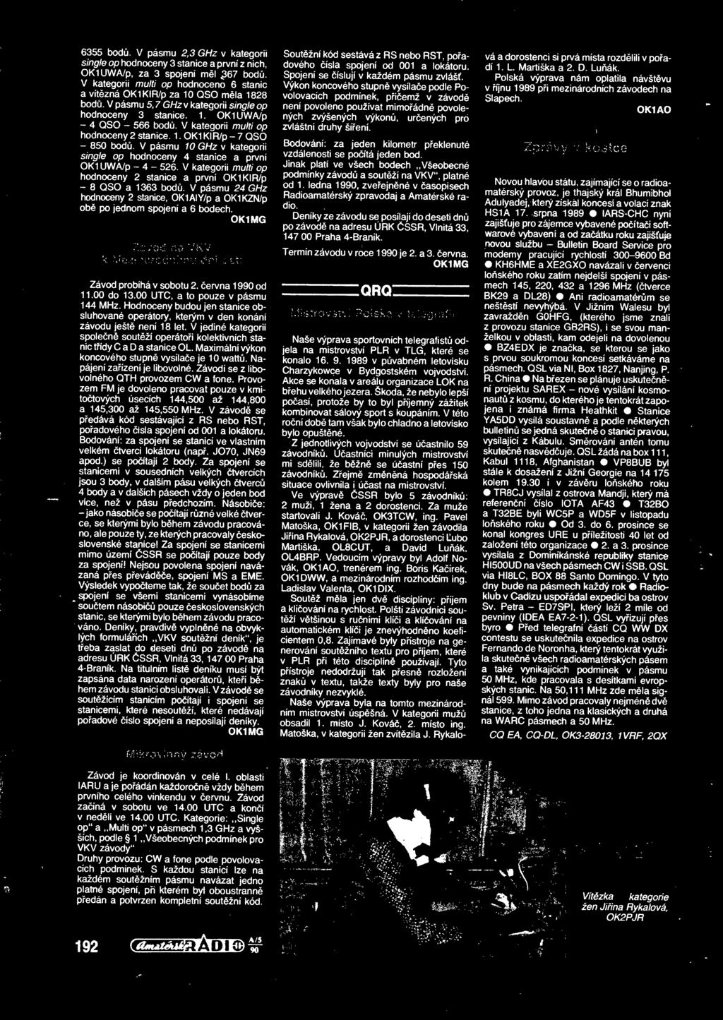 hodnoceny 4 stanice a první OKlUWA/p - 4-526 V kategorii multi op hodnoceny 2 stanice a první OKlKlR/p - 8 QSO a 1363 bod V pásmu 24 GHz hodnoceny 2 stanice OKlAIY/p a OKlKZN/p ob po ednom spoení a 6