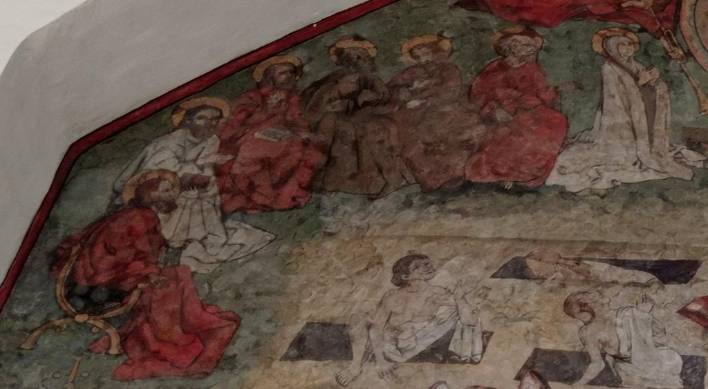 Andělé a vyvolení, detail z Posledního soudu, 1488, nástěnná malba,
