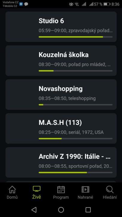 Kategorie Živě Vám zobrazí přehled aktuálně běžících pořadů na