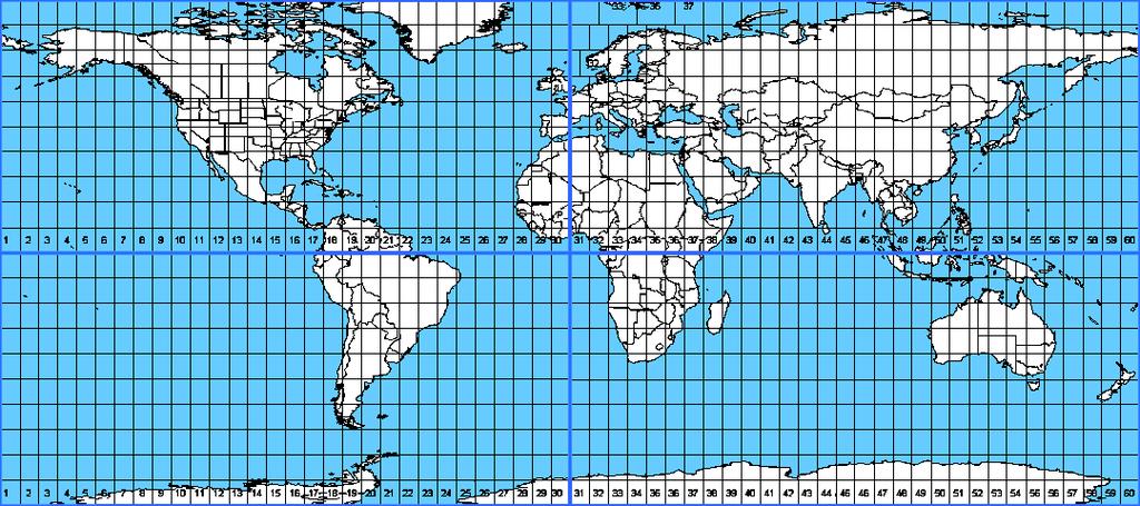 3.3.3. UTM (Universal Transverse Mercator) Je historický nejstarší ze zde zmíněných a byl vyvinut armádou USA roku 1947. Země se promítá na příčné válcové zobrazení.