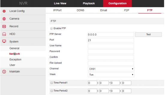 FTP V hlavním rozhraní klikněte na "Configuration System Network FTP" pro vstup do rozhraní pro nastavení FTP. Zde můžete otevřít a nastavit funkci FTP serveru.