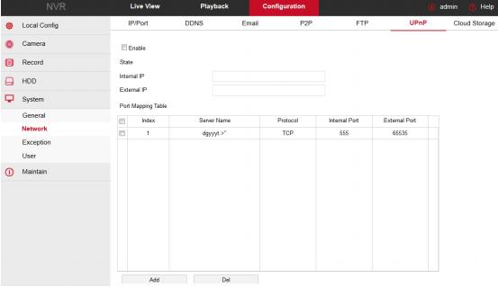 UPnP V hlavním rozhraní klikněte na "Configuration System Network UPnP" pro vstup do rozhraní nastavení UPnP. Zde můžete zapnout a nastavit funkci UPnP.