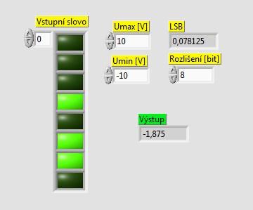 Výstupem tohoto převodníku je analogové napětí, odpovídající vstupnímu binárnímu slovu. Implementován byl pro maximální rozlišení 8 bitů. Obr. 41 D/A převodník s váhovou strukturou 5.