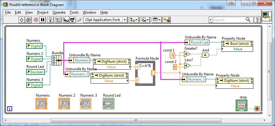 Obrázek 21: Blokový diagram pro ukázku pouţití struktury 4.9 Ošetření chyb Během měření, simulace soustavy nebo při jiné činnosti můţe dojít k nečekané chybě.