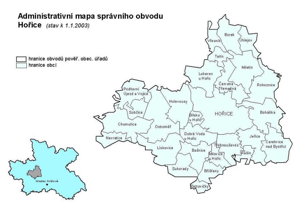 Správní obvod Hořice se nachází ve střední části Královéhradeckého kraje a sousedí s dalšími správními obvody našeho kraje; na severu a severozápadě s obcemi správního obvodu Nová Paka a Jičín, na