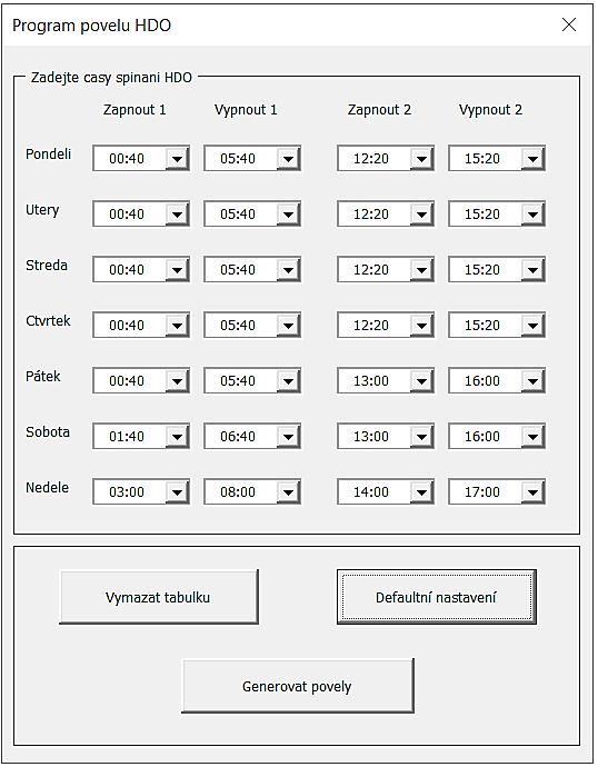 První tlačítko po stisknutí vygeneruje tabulku pro zadání časů spínání HDO (viz Obrázek 7).