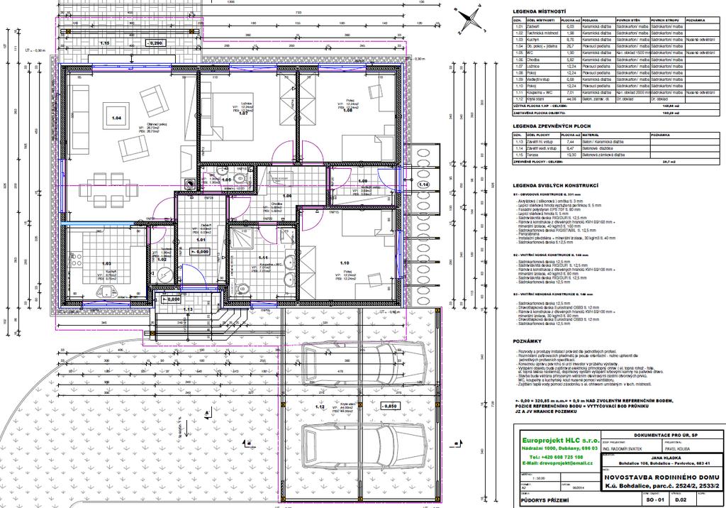 PD Bohdalice Zastavěná plocha RD: 185,29 m2 Obestavěný prostor: 670 m3 Užitná plocha obytná: 101,6 m3 Užitná plocha venkovní (kryté stání + terasa +