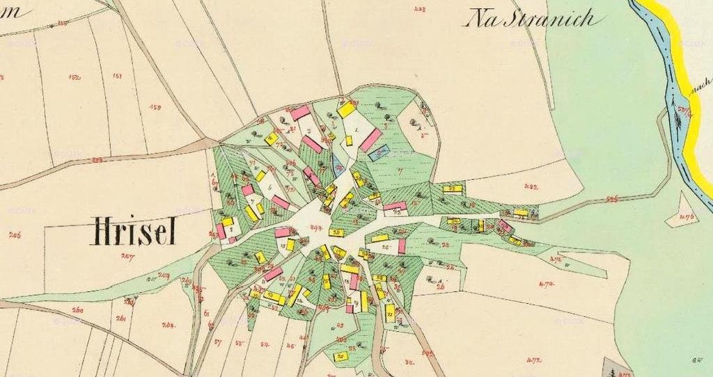 Hryzely na nejstarší katastrální mapě z roku 1841.