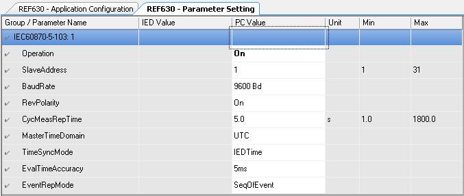 Kompatibilita ABB ochranného terminálu REF630 s IEC 60870-5-103 45 Obr. 6-10 Nastavení hodnot v okně Parameter Setting pro komunikaci IEC 60870-5-103 Konkrétní nastavení hodnot komunikace Na Obr.