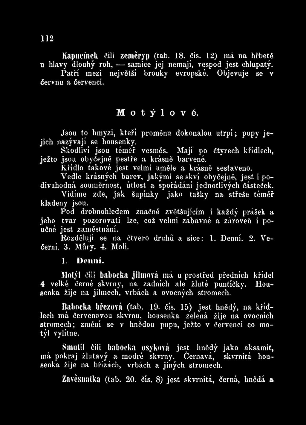 Rozděluji se na čtvero druhů a sice: 1. Denní. 2. Večerní. 3. Můry. 4. Moli. 1. Denní. Molýl čili bahockíl jilmová má u prostřed předních křídel 4 velké černé skvrny, na zadních ale žluté puntíčky.